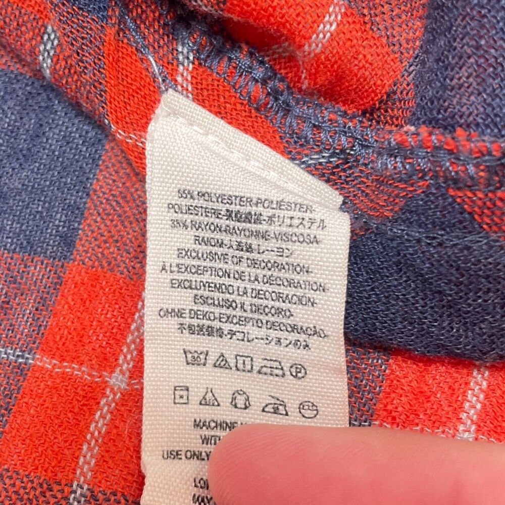 Free People Top Medium Orange Blue Plaid Snap‎ Button Front Relaxed Sheer Hi Low - Picture 7 of 10